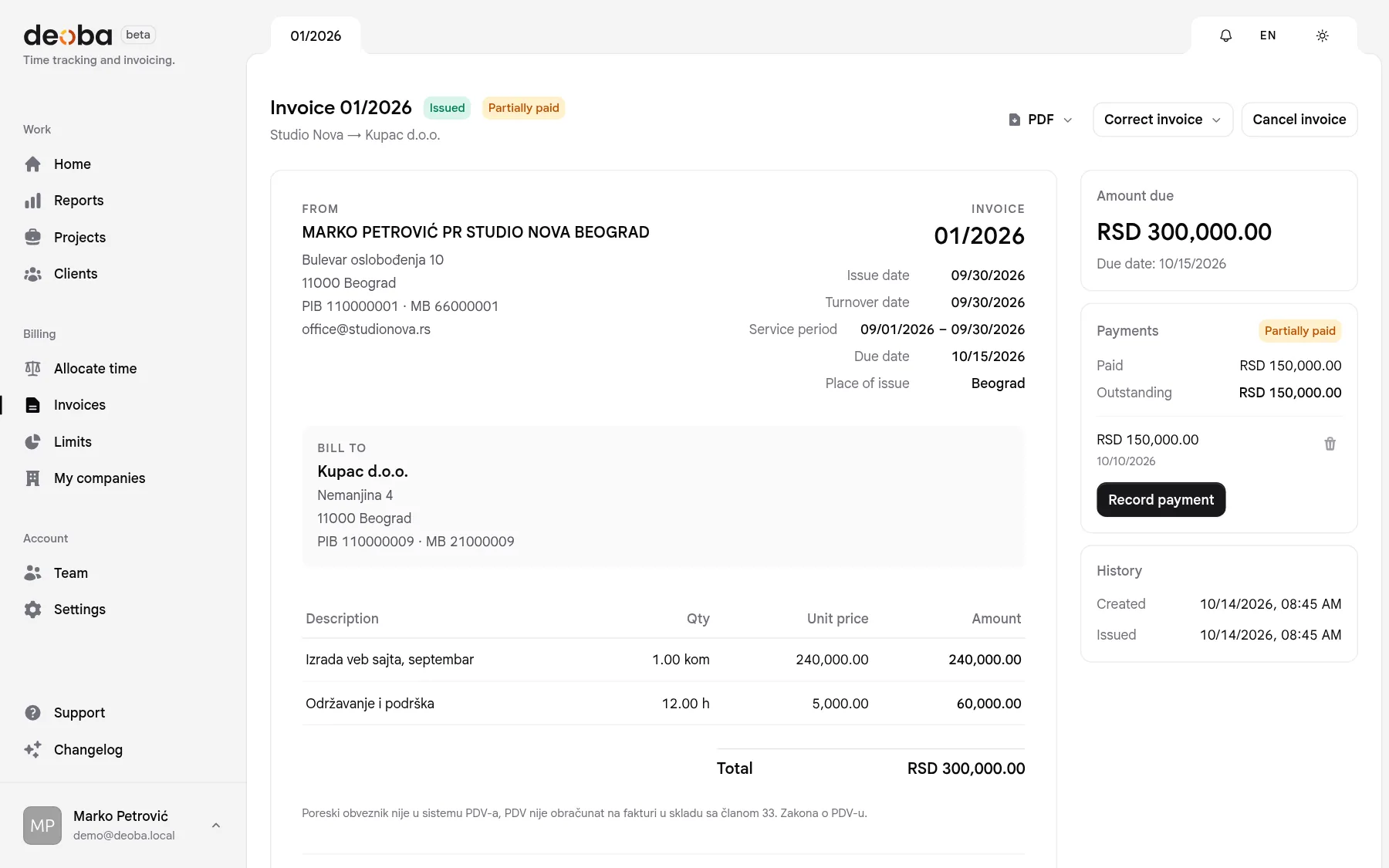Screen of the issued invoice 01/2026, partially paid