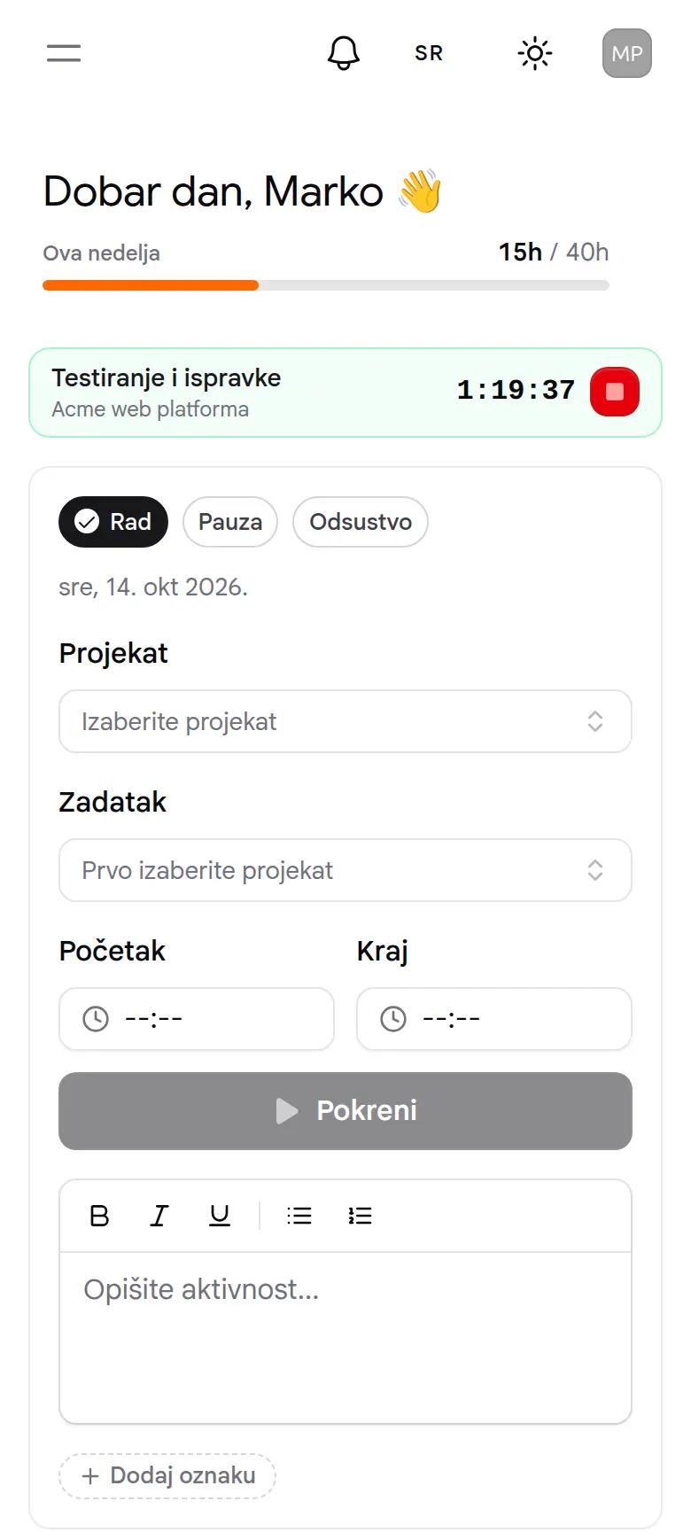 Početna na telefonu, tajmer radi